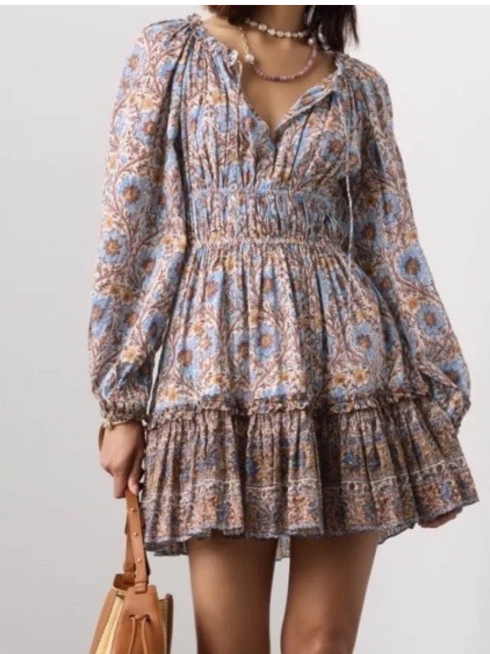 Ulla Johnson Val Mini Dress Sz 8 Intricate Blue Ochre Botanical Print Baby Doll